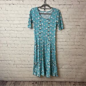 HTF Blue Sailboat Print Nicole Dress LuLaRoe fit & flare tshirt material small